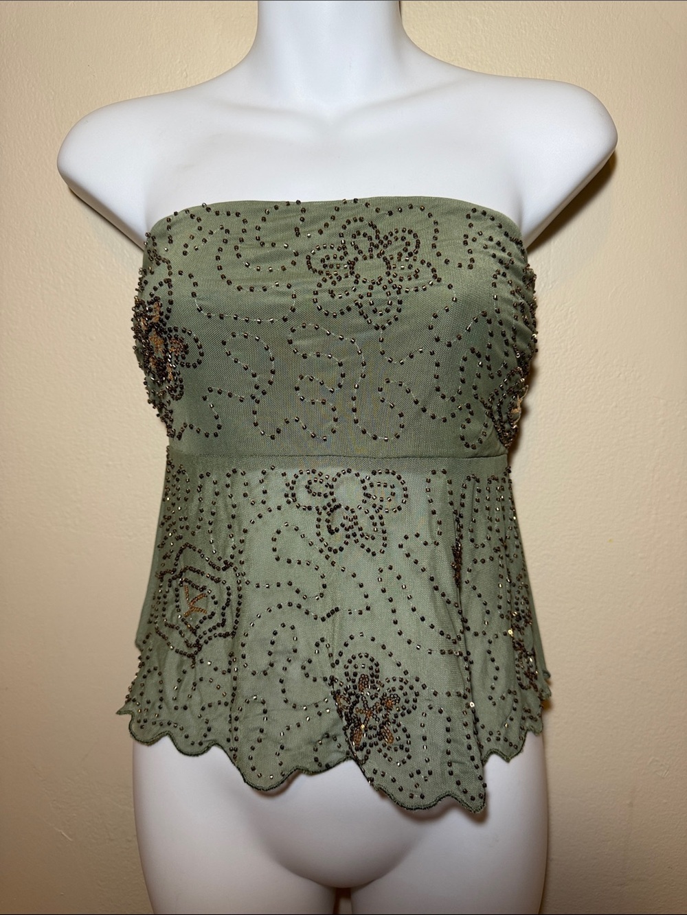 Strapless Olive Green Beaded Peplum Top